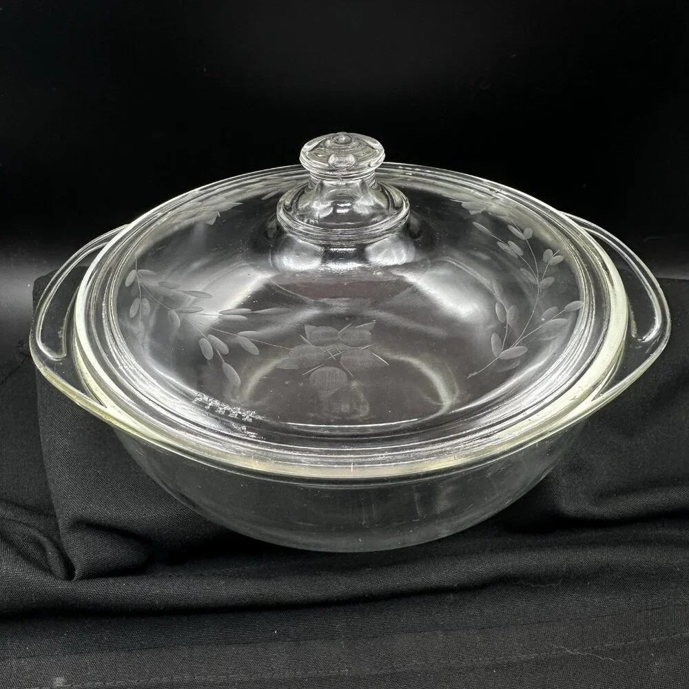 Vtg Pyrex Clear Glass Casserole w/ Etched Floral Lid 023 1.5 QT 623-C 1950s-60s